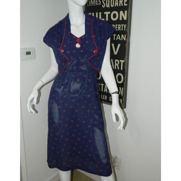 Young Edwardian Arpeja Dress Jacket Size 7 Vintage Blue Red Print Matchsticks - Picture 5 of 15